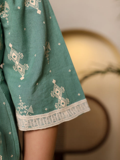 Jashvi Sage Green Geometric Printed Cotton Flex Jumpsuit With Zip Closure